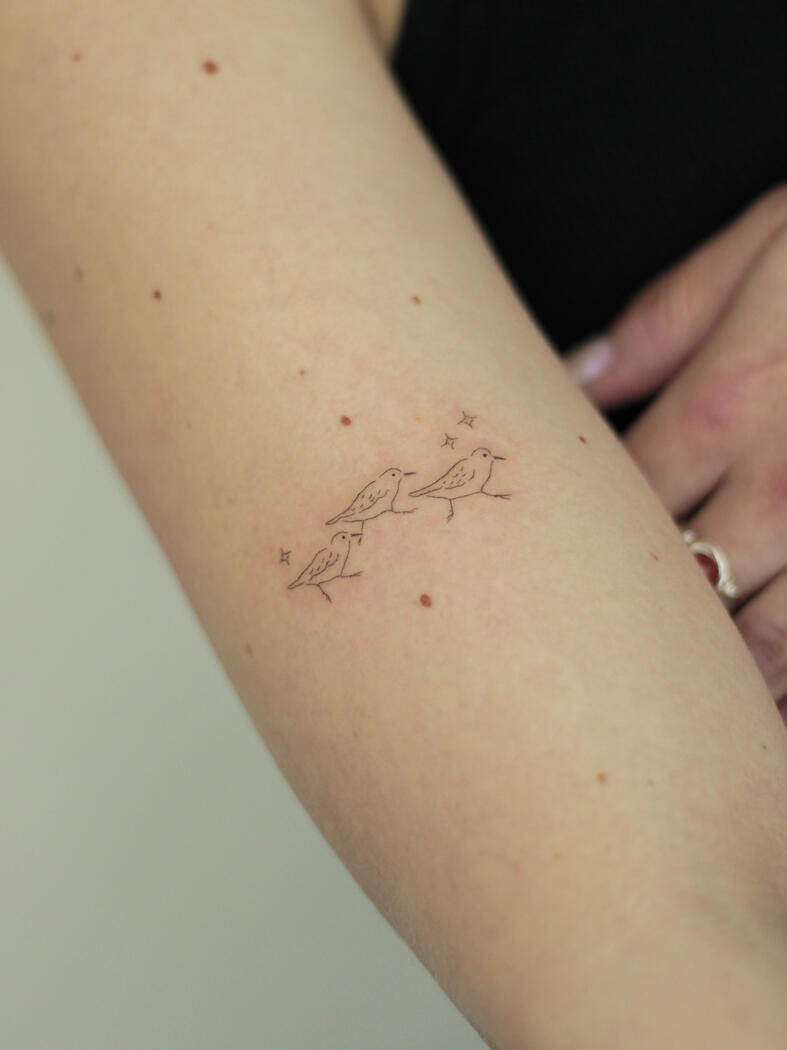 Fine line bird tattoo by queer artist in lisbon